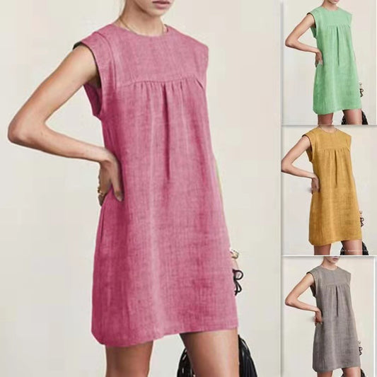 Loose Casual Cotton and Linen Solid Color Dress for Women