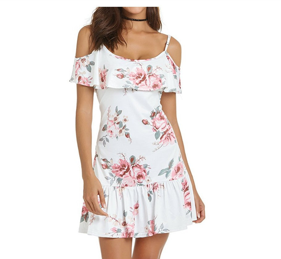 Women's Summer Dress with Printed Sling, Ruffled, and Off-Shoulder Design