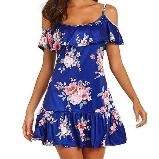 Women's Summer Dress with Printed Sling, Ruffled, and Off-Shoulder Design