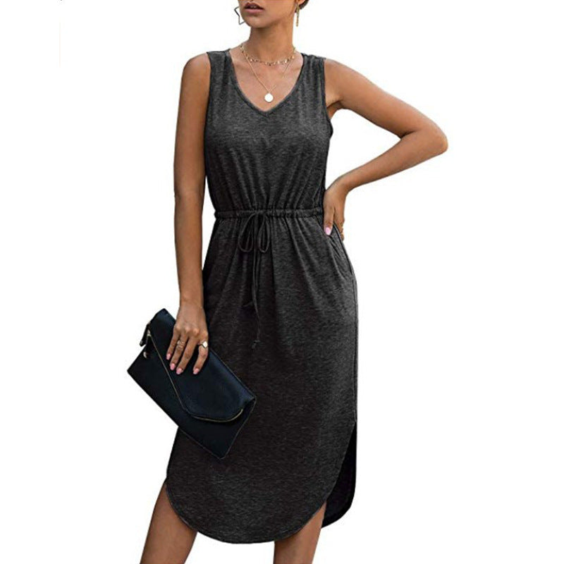 V-Neck Sleeveless Mid-Length Dress for Women: Casual, Loose, and Sexy with Drawstring