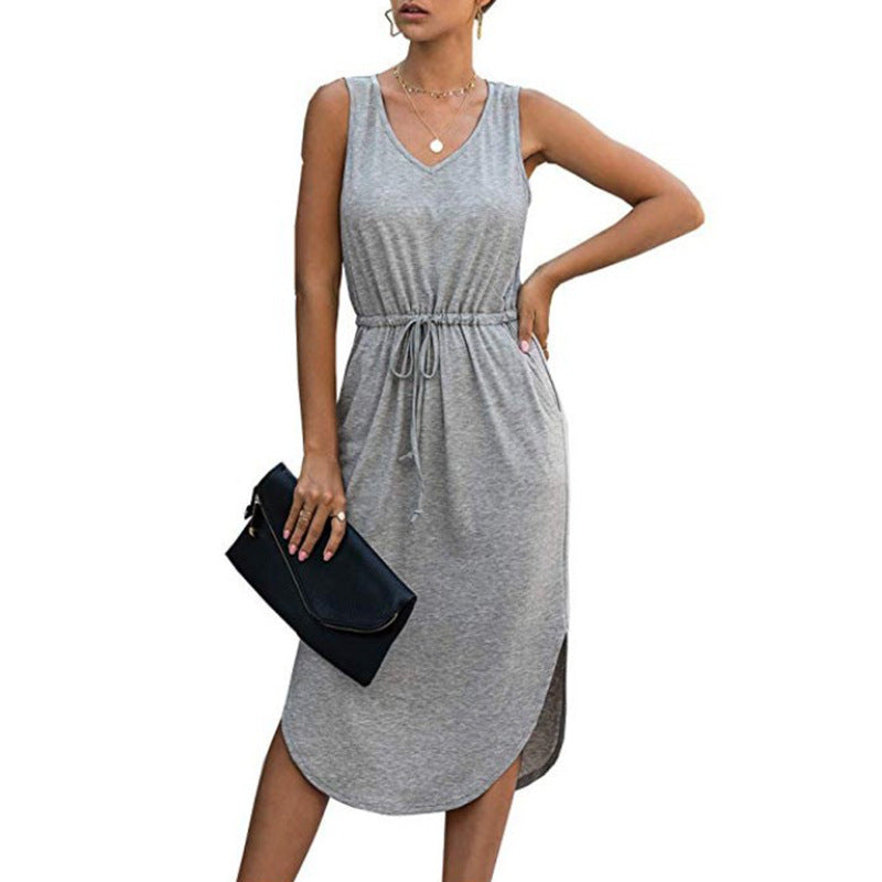 V-Neck Sleeveless Mid-Length Dress for Women: Casual, Loose, and Sexy with Drawstring