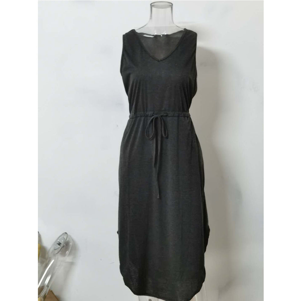 V-Neck Sleeveless Mid-Length Dress for Women: Casual, Loose, and Sexy with Drawstring