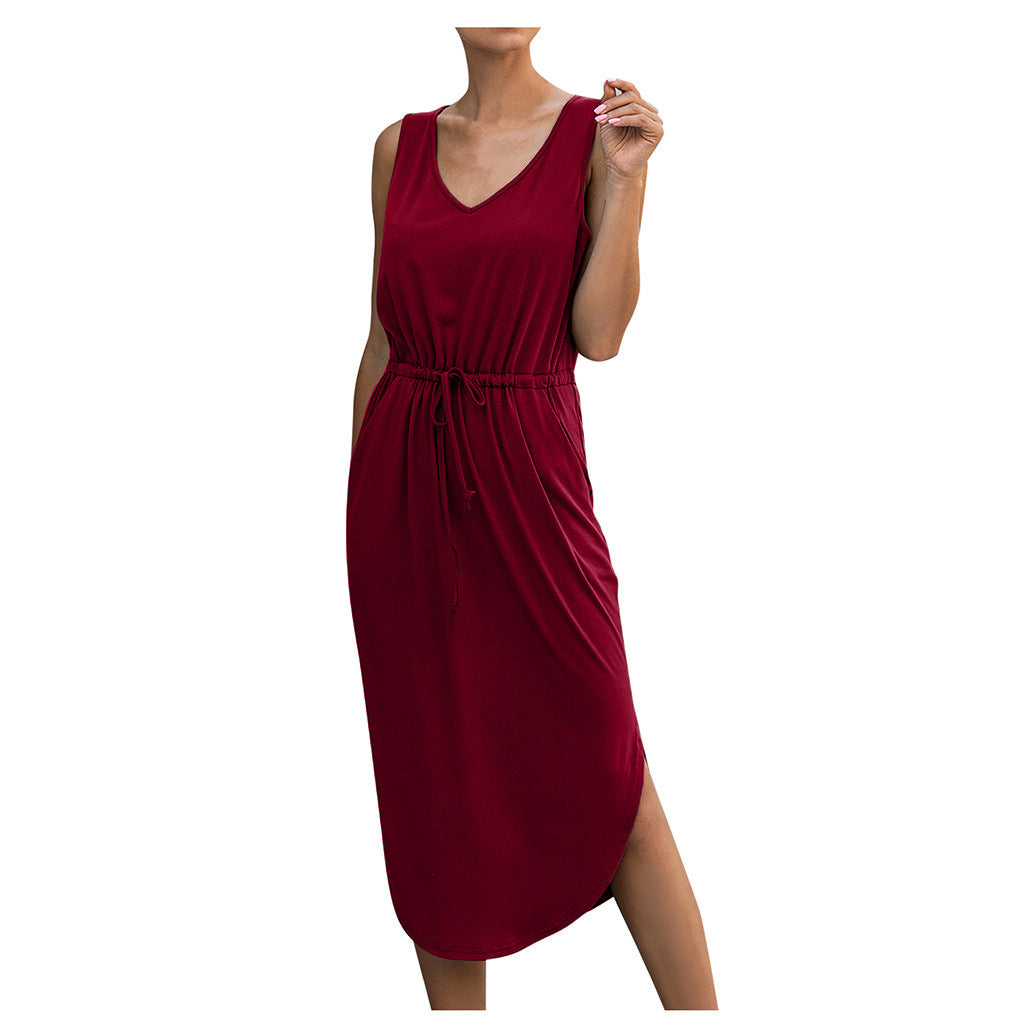 V-Neck Sleeveless Mid-Length Dress for Women: Casual, Loose, and Sexy with Drawstring