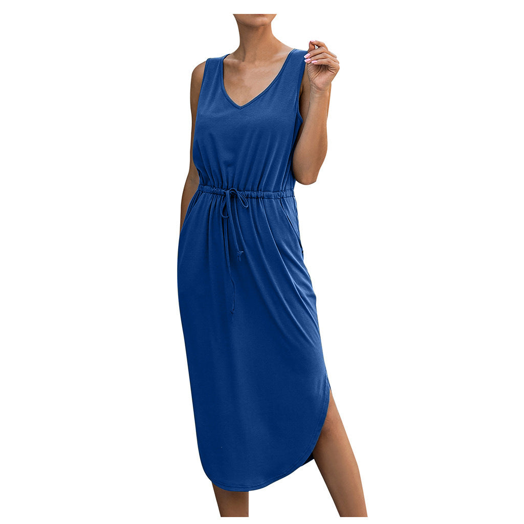 V-Neck Sleeveless Mid-Length Dress for Women: Casual, Loose, and Sexy with Drawstring