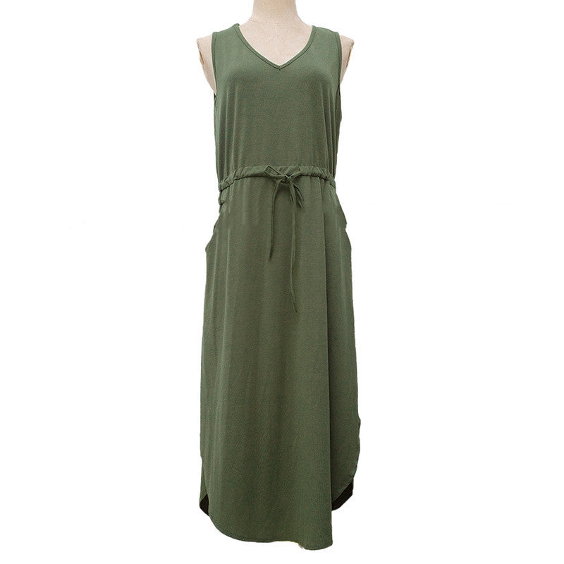 V-Neck Sleeveless Mid-Length Dress for Women: Casual, Loose, and Sexy with Drawstring