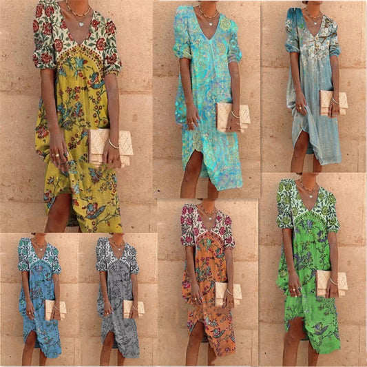 Mid-Length Casual Dress for Women with Floral Pattern and V-Neck - Perfect for Summer