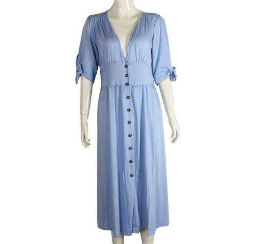 Blue V-Neck Big Swing Dress with Mid-Sleeves