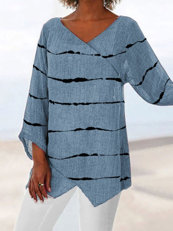 Long Sleeve Cross Irregular T-Shirt in Cotton with Leprosy Stripes