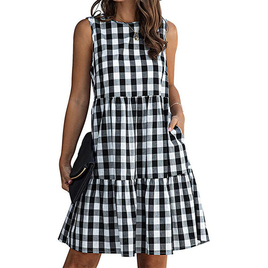 Loose Waist Women's Sleeveless Short Skirt Black Plaid A-Line Dress
