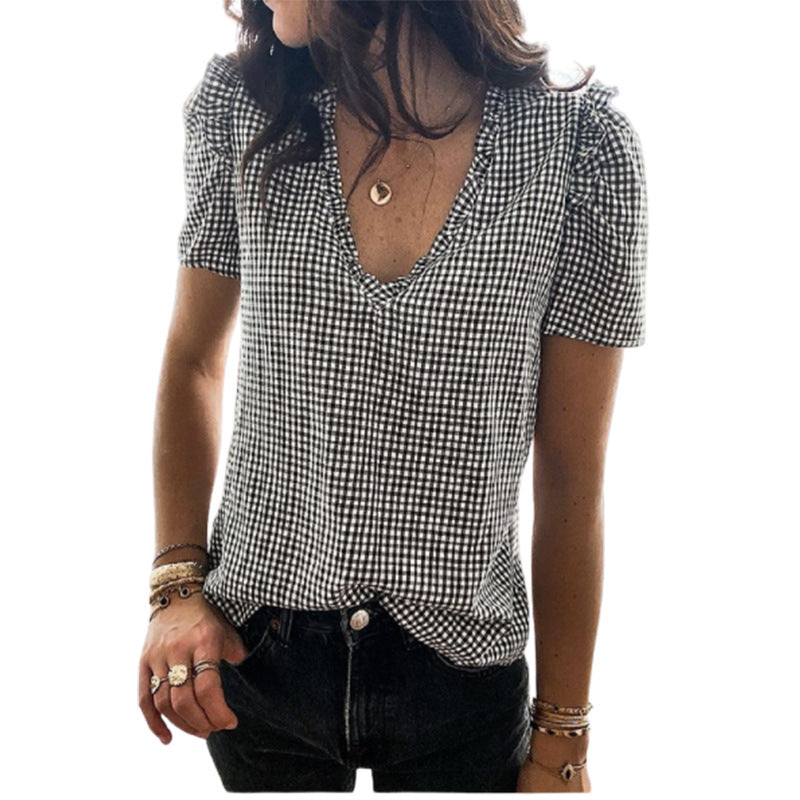 V-neck Short-Sleeved Fashion Top with Ruffled Plaid Design