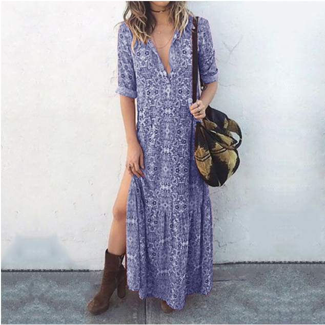 Long-Sleeved Maxi Dress with Printed Design and Split