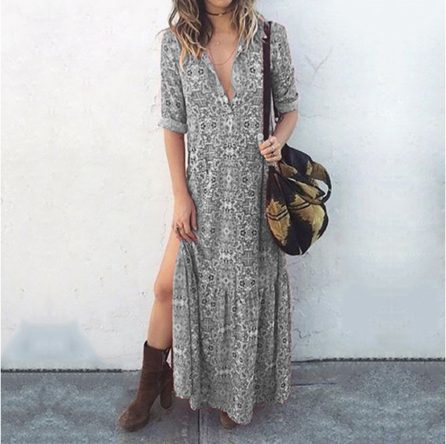 Long-Sleeved Maxi Dress with Printed Design and Split