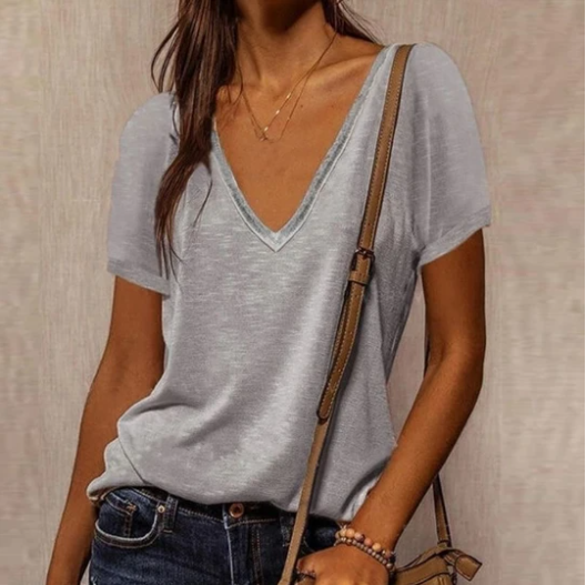 Short-Sleeved V-Neck T-Shirt in Solid Color