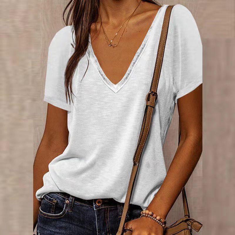 Short-Sleeved V-Neck T-Shirt in Solid Color