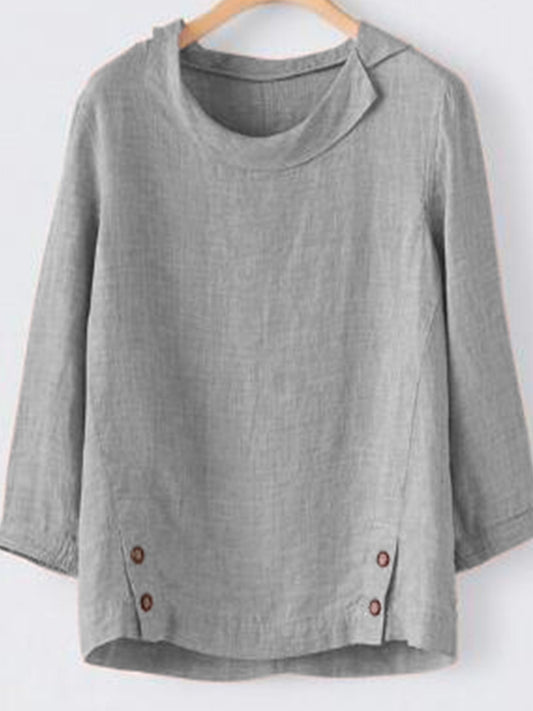 Solid Color Cotton and Linen Women's Long-Sleeved Buttoned Shirt with Versatile Hem