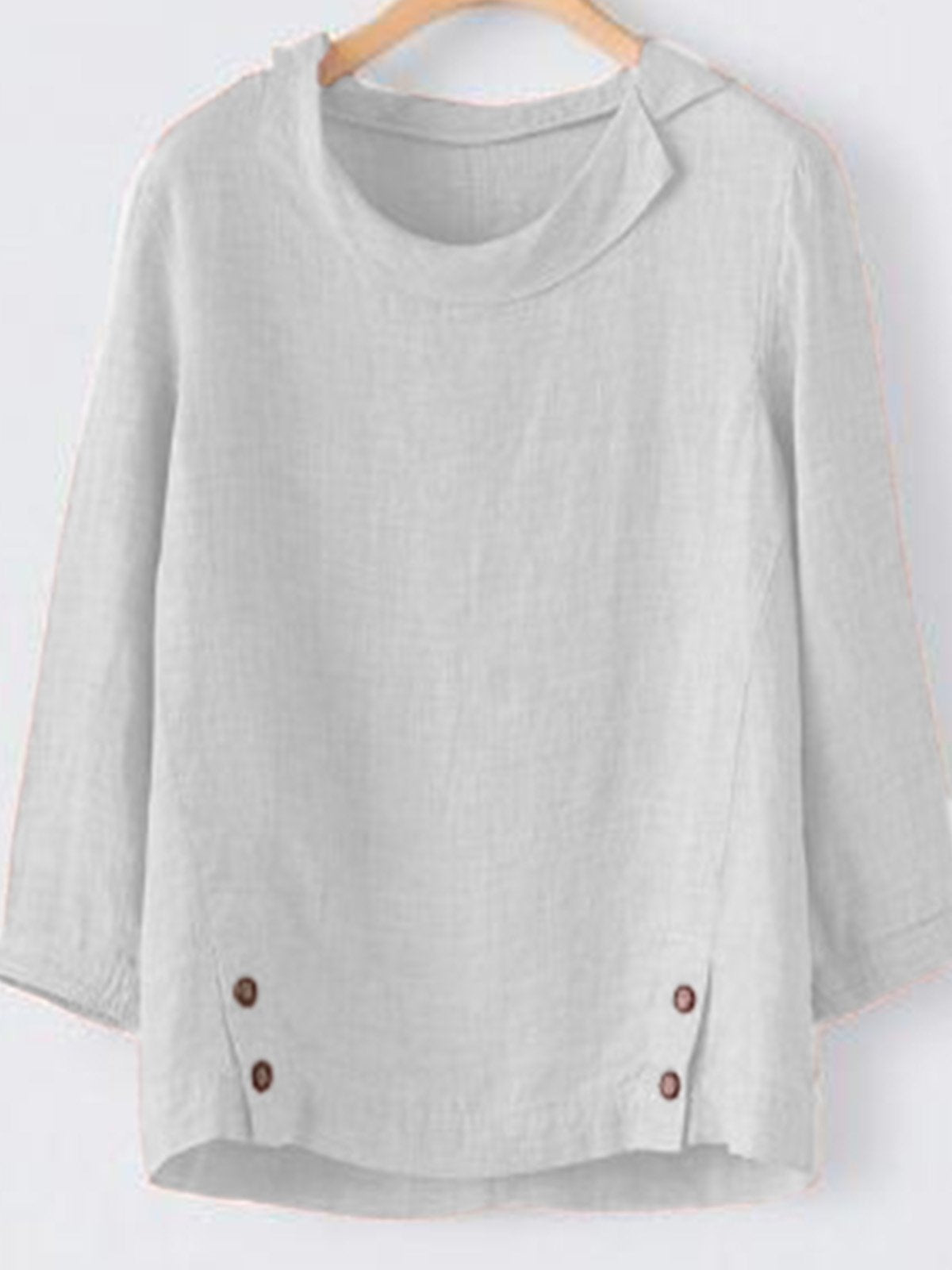 Solid Color Cotton and Linen Women's Long-Sleeved Buttoned Shirt with Versatile Hem