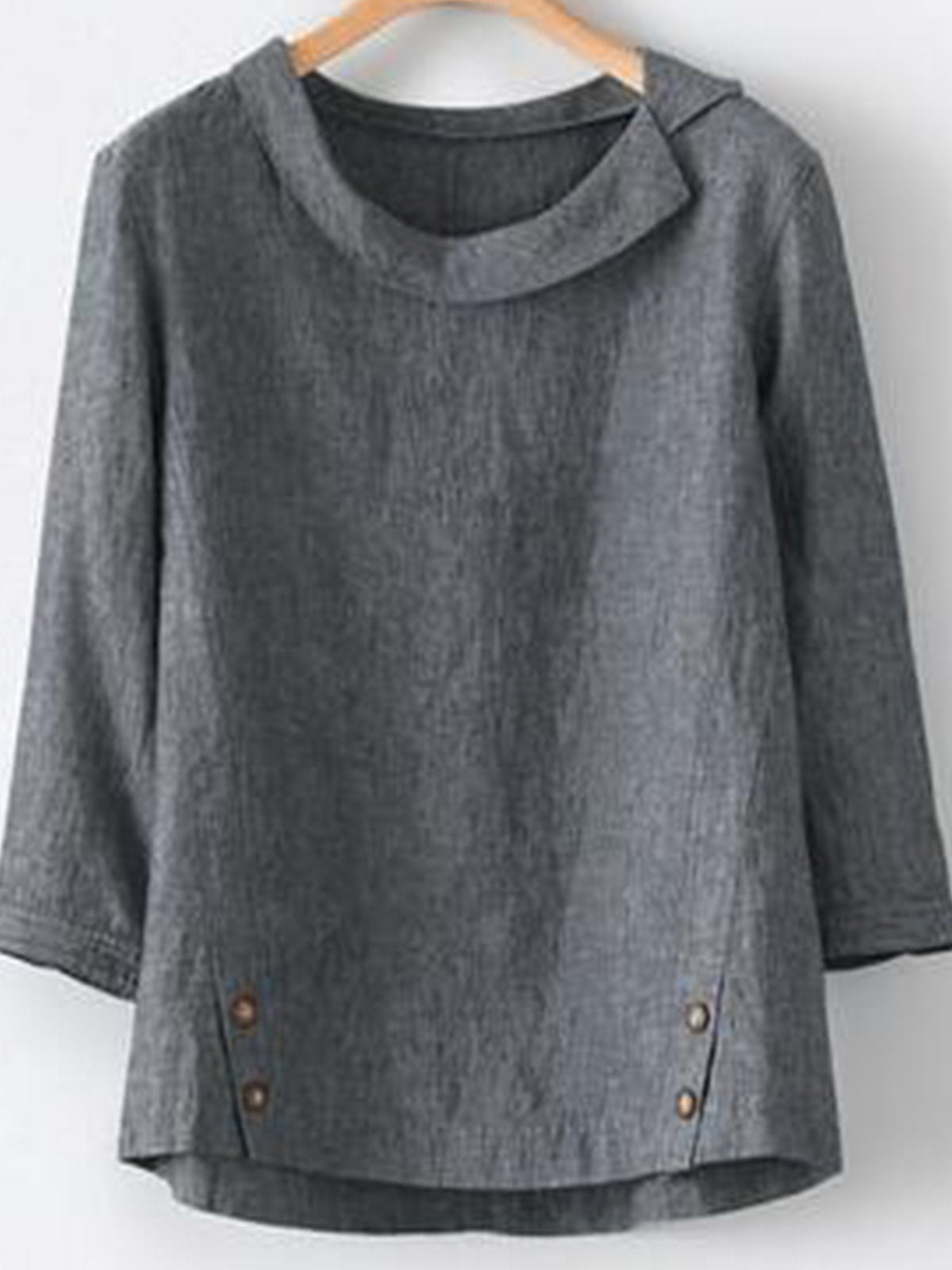 Solid Color Cotton and Linen Women's Long-Sleeved Buttoned Shirt with Versatile Hem