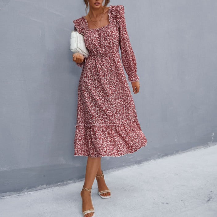 Women's Fashion Long Sleeve Floral Square Neck Dress