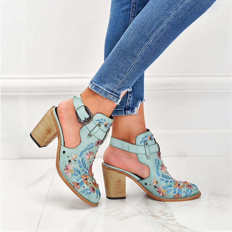 Flowers Rivet Sandals Women Vintage Embroider Chunky High Heels Shoes With Buckle Pumps