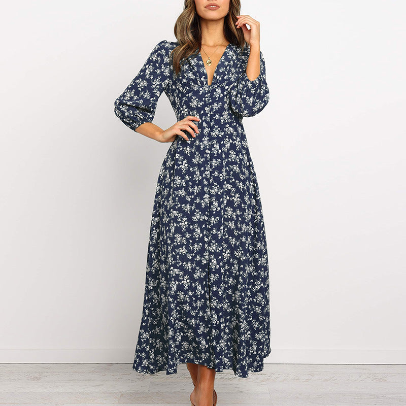 Printed V-neck long sleeve chiffon dress