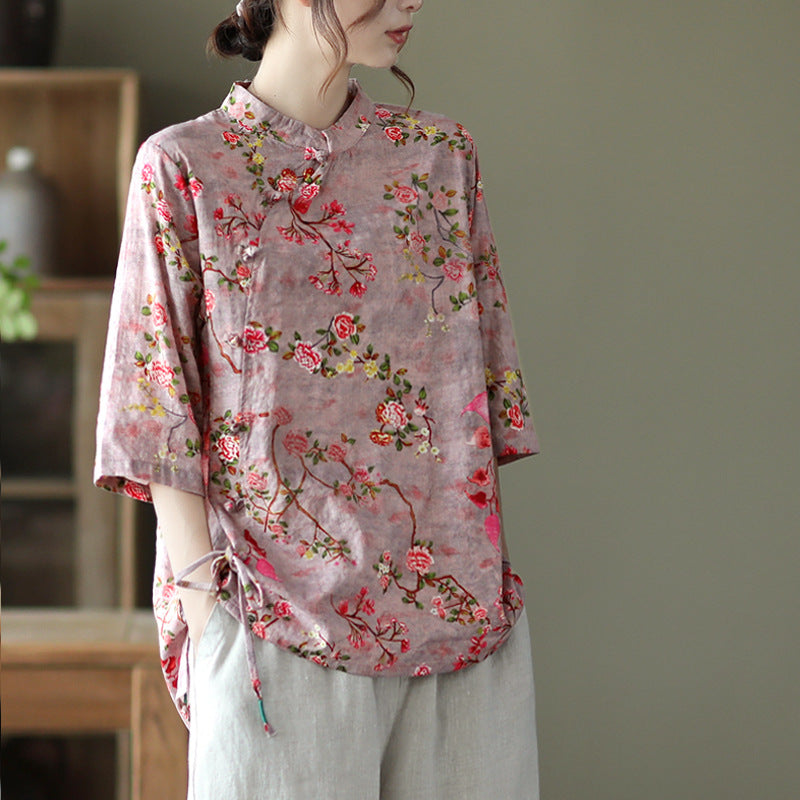 Retro Cotton and Linen Shirt with Stand-Up Collar and Printed Design