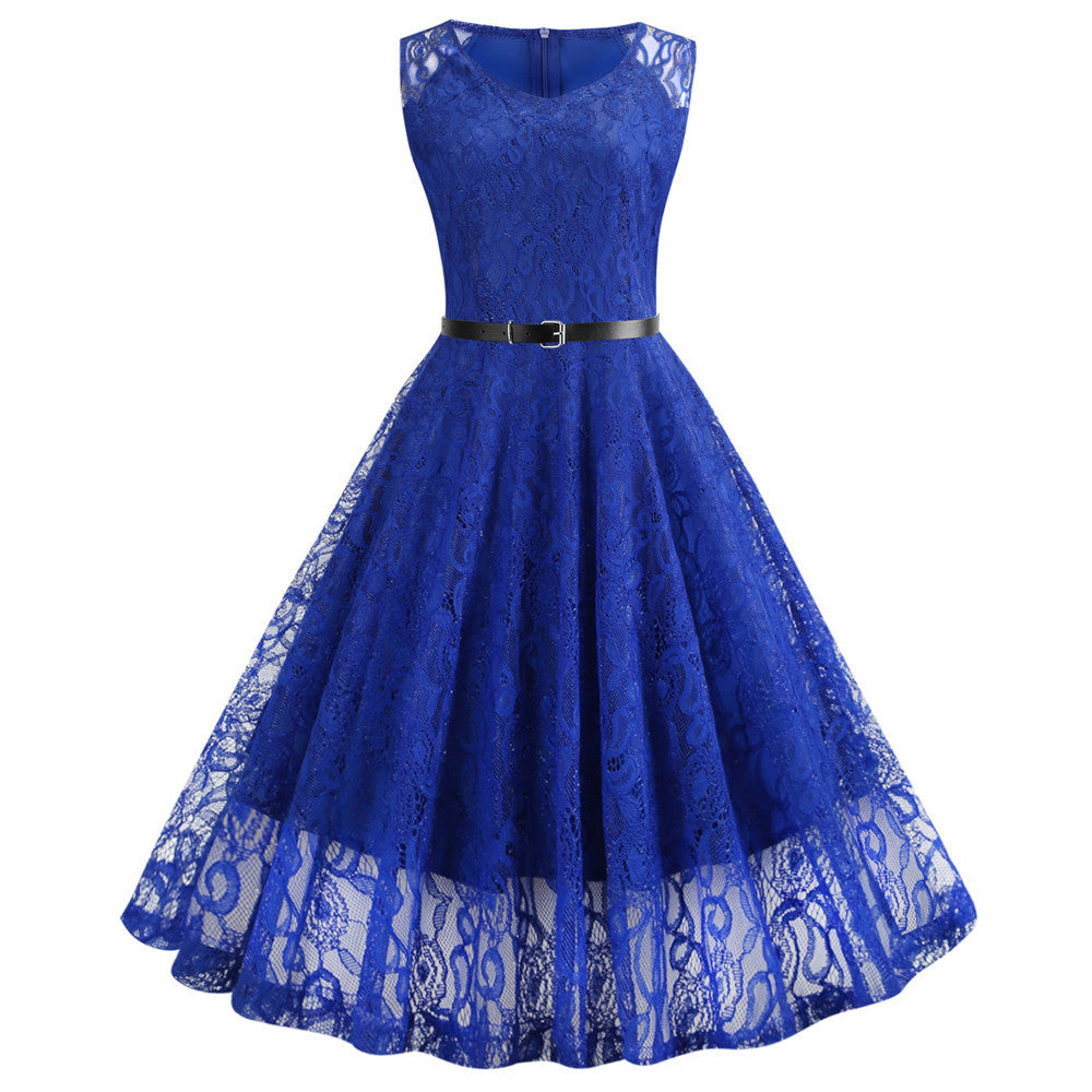 Retro Sexy Round Neck Lace Big Swing Dress