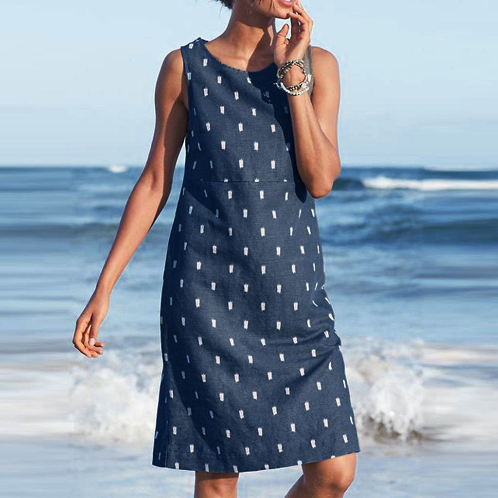 Sleeveless Round Neck Dress with Fashion Print