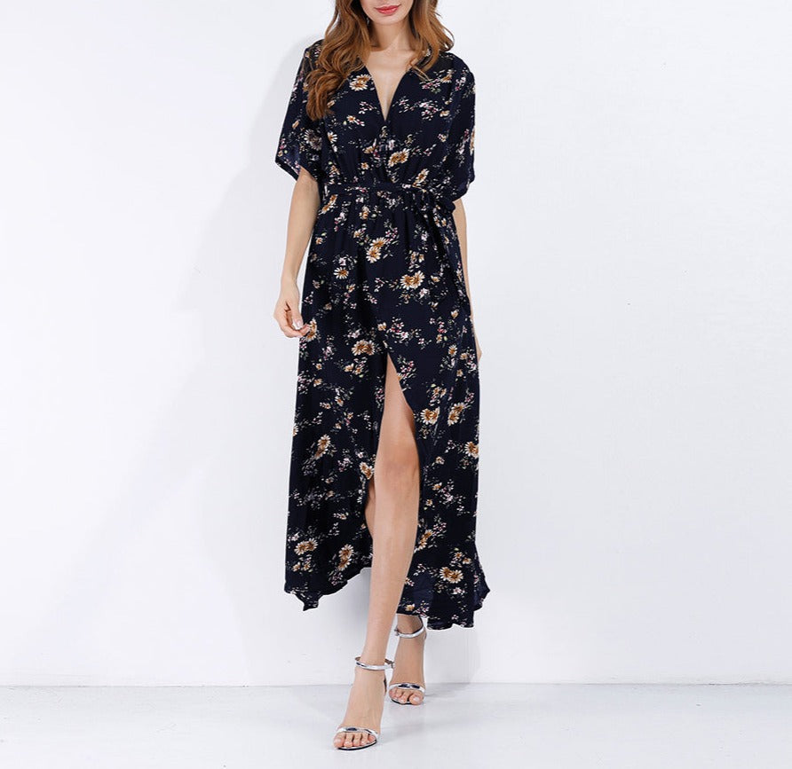 Fashionable Floral Dress for Women: Long Short Sleeve Design"