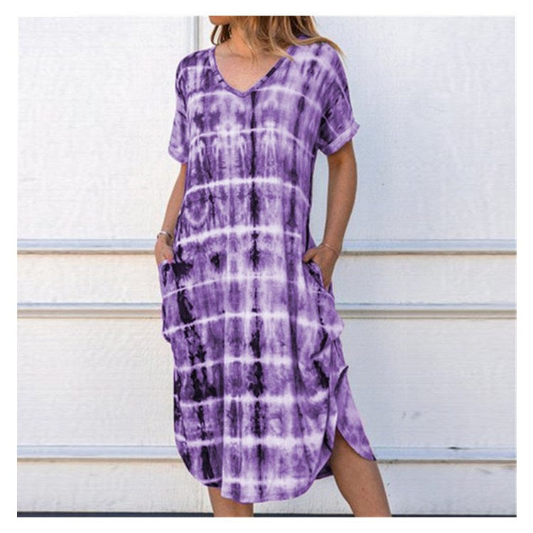 Printed Dress with Slit and a Loose Fit V-Neck Design