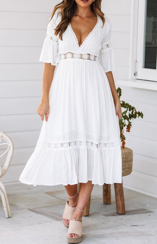 Deep V lace flare sleeve flowing dress