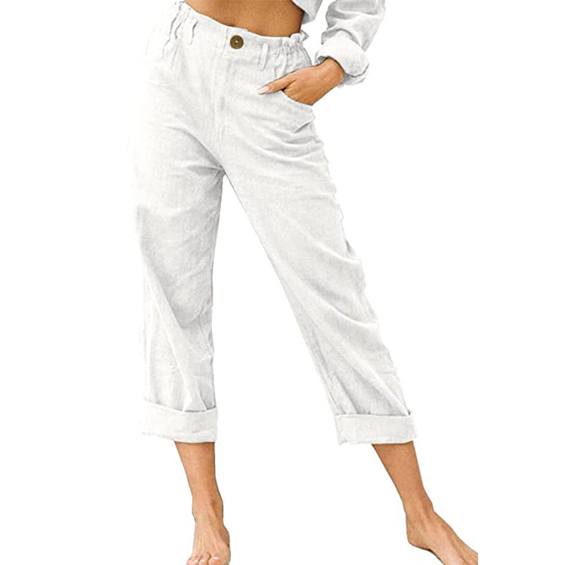 Women's Cotton Linen Patchwork Pants with Drawstring Waist and Loose Casual Fit