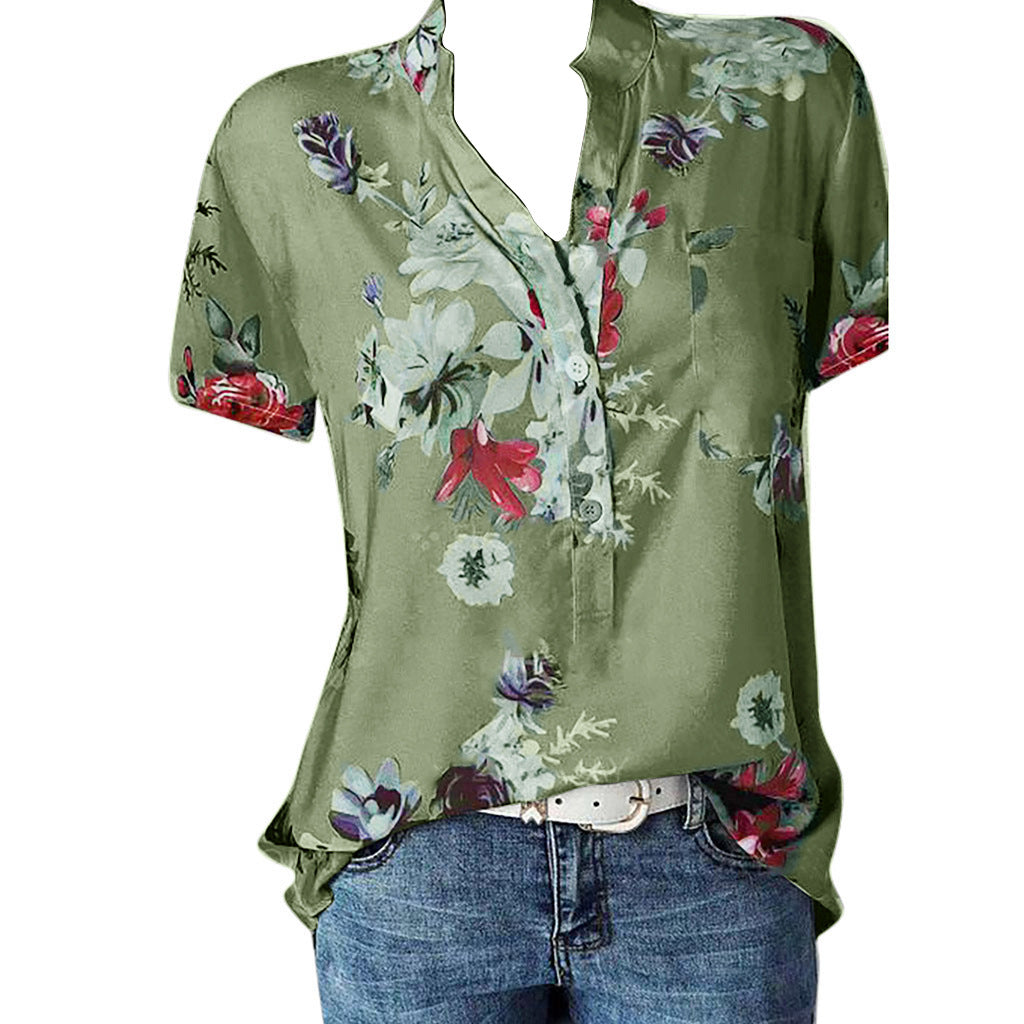 Fashion Flower Printed Tops V-neck Short Sleeve Shirt