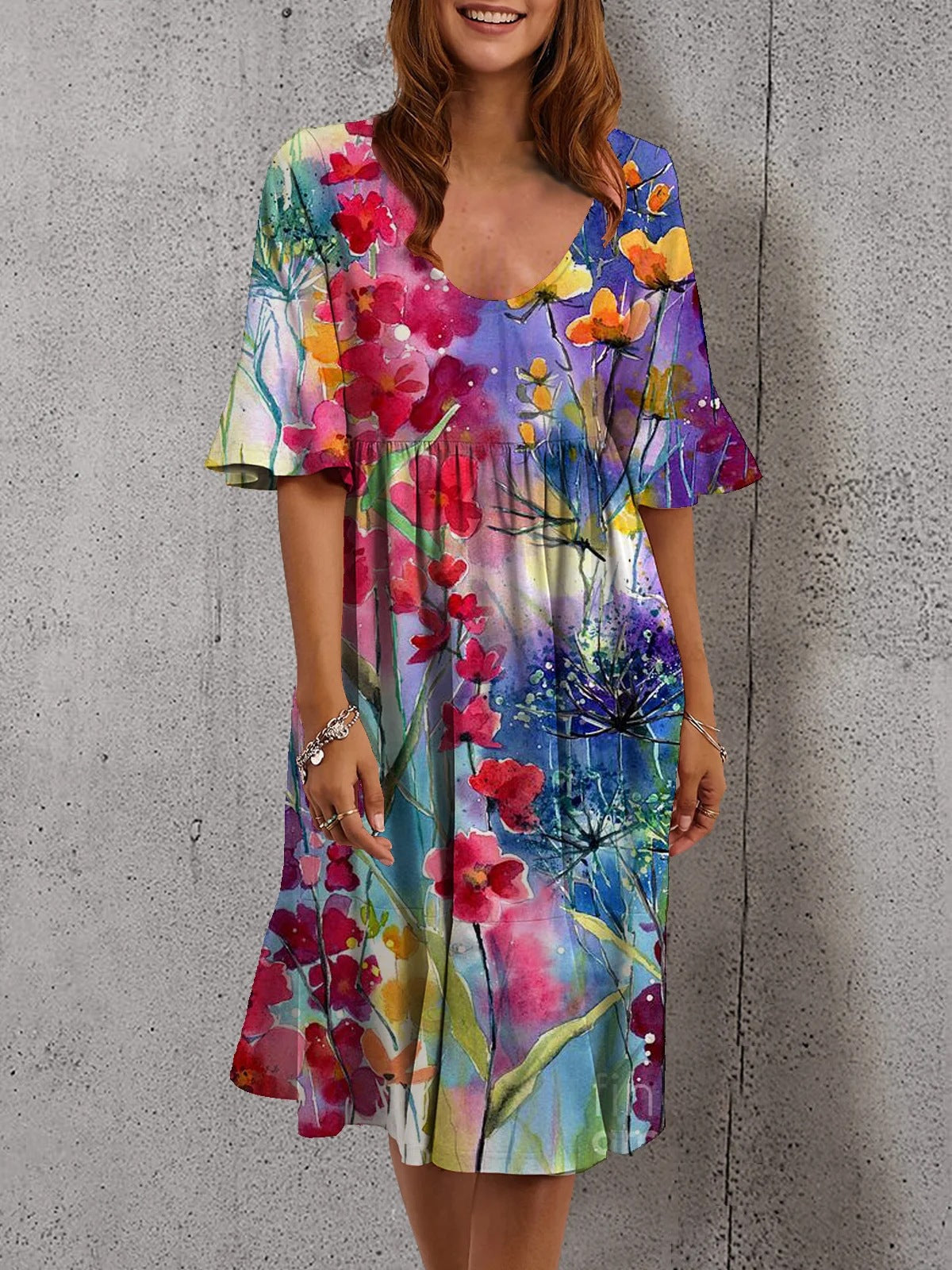 Multicolor Print Mid-Sleeve Dress for Women