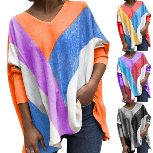 Loose V-Neck Long-Sleeved Printed T-Shirt Top for Women