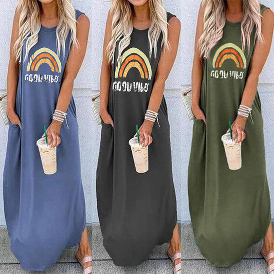 Women's Round Neck Short Sleeve Loose Mid-Length Dress