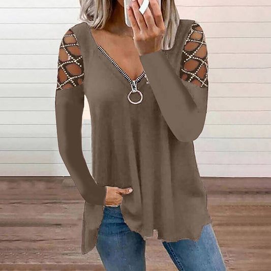 V-Neck Casual Top with Hollow Sleeves, Rhinestone Embellishments, and Solid Color
