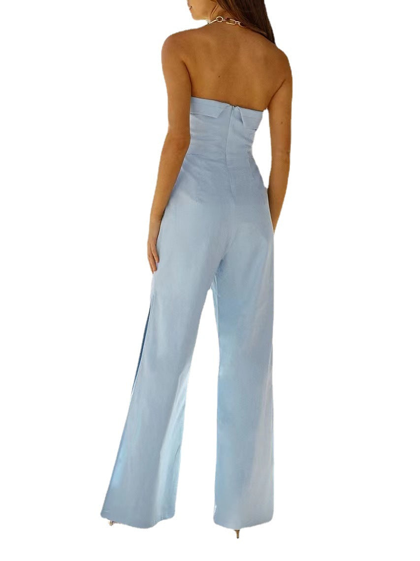 High Waist Sleeveless Jumpsuit with Tube Top and Slit Detail
