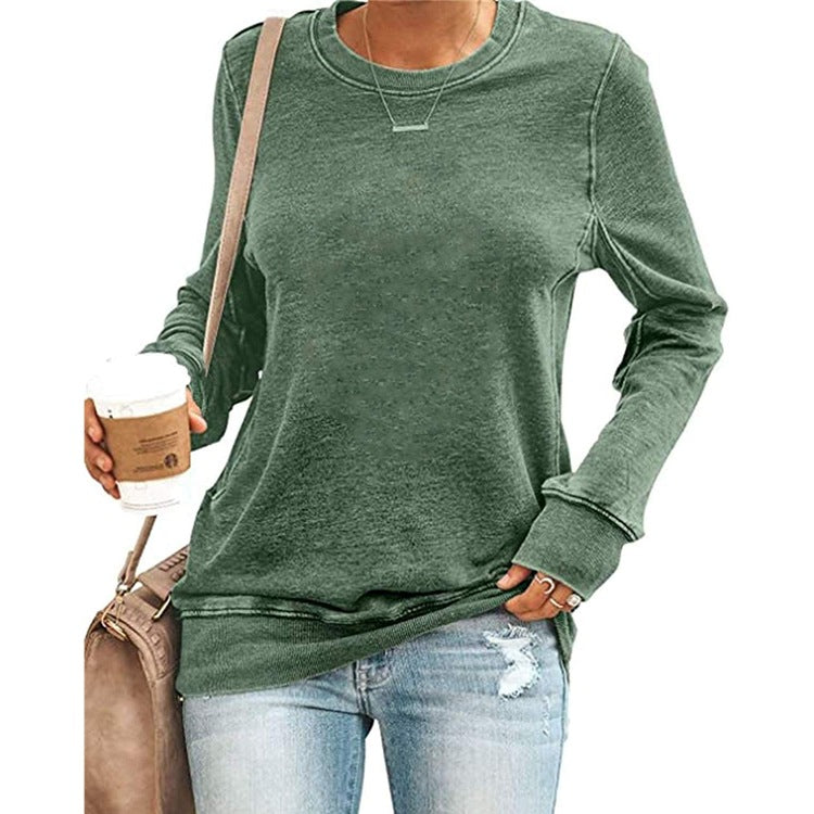 Temperament Commuter Long-sleeved Round Neck Solid Color T-shirt Top