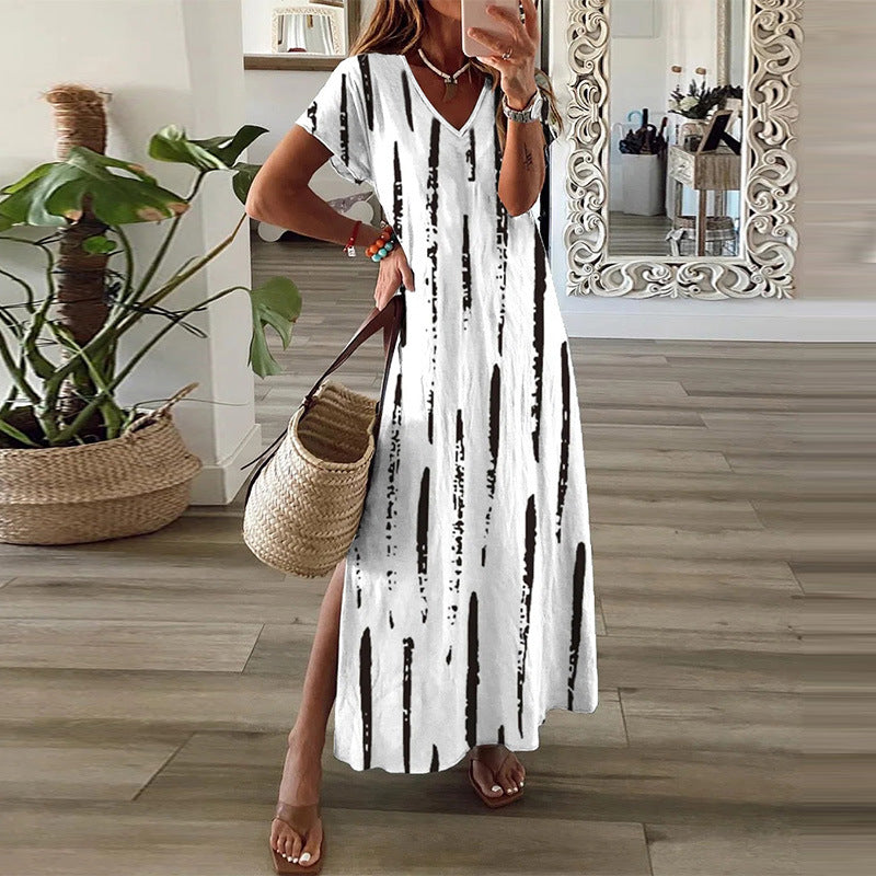 Women's Printed Short Sleeve Long Dress Slit V-Neck