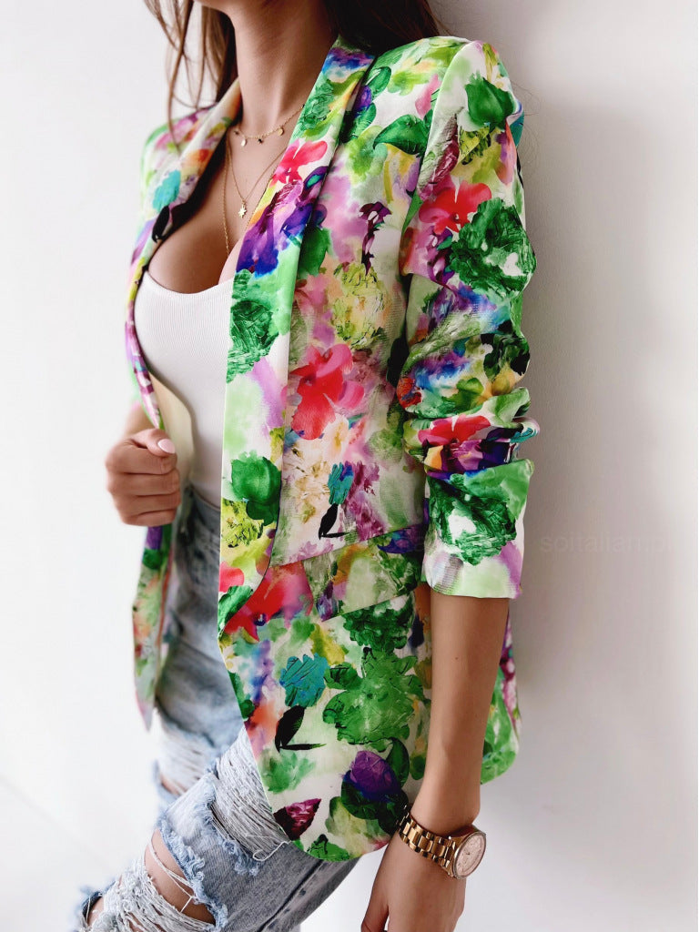 Floral Digital Printing Long Sleeve Lapel Women's Slim Fit Jacket