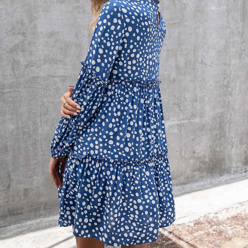 Women's Long-sleeved Dress with Milk Spotted Fungus Pattern