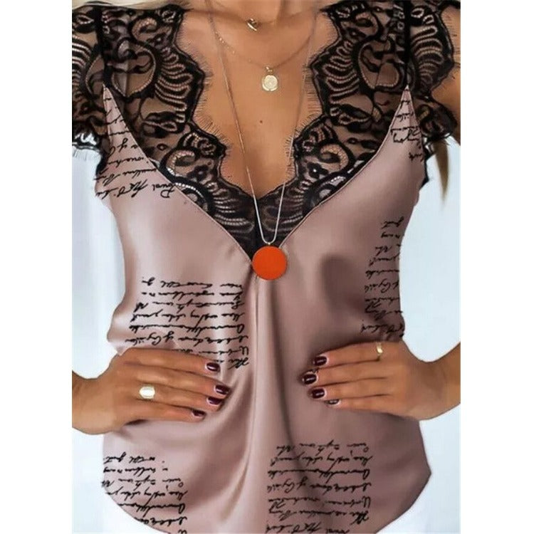 New V-neck Camisole Bottoming Shirt with Lace Print Top