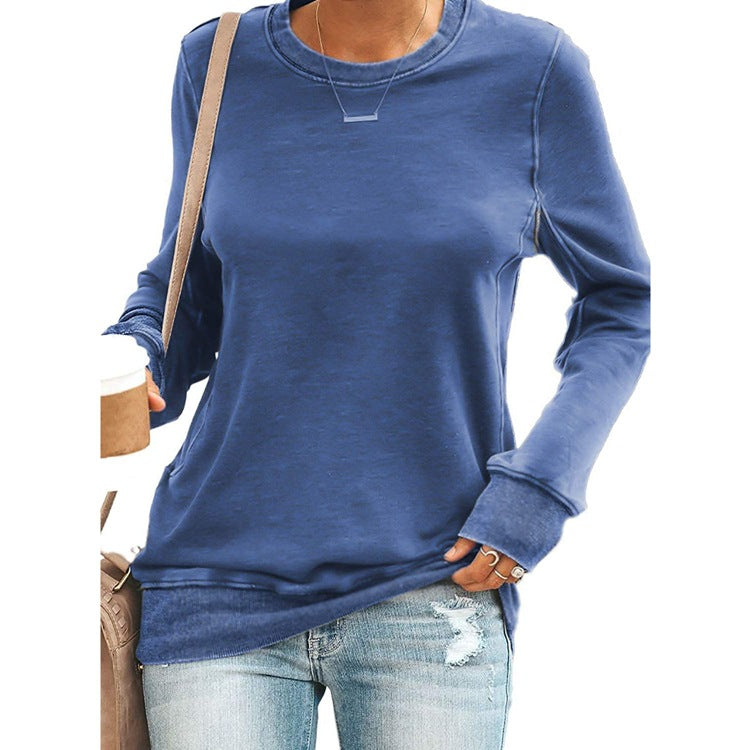 Temperament Commuter Long-sleeved Round Neck Solid Color T-shirt Top