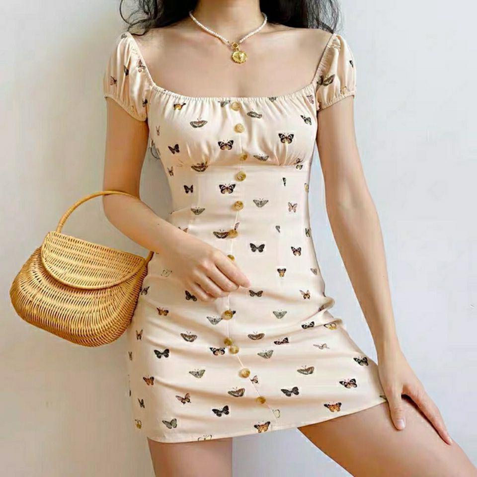 Printed Square Neck, Waist Up, Thin, Single Breasted, A-line Short Sleeve Dress Short Skirt