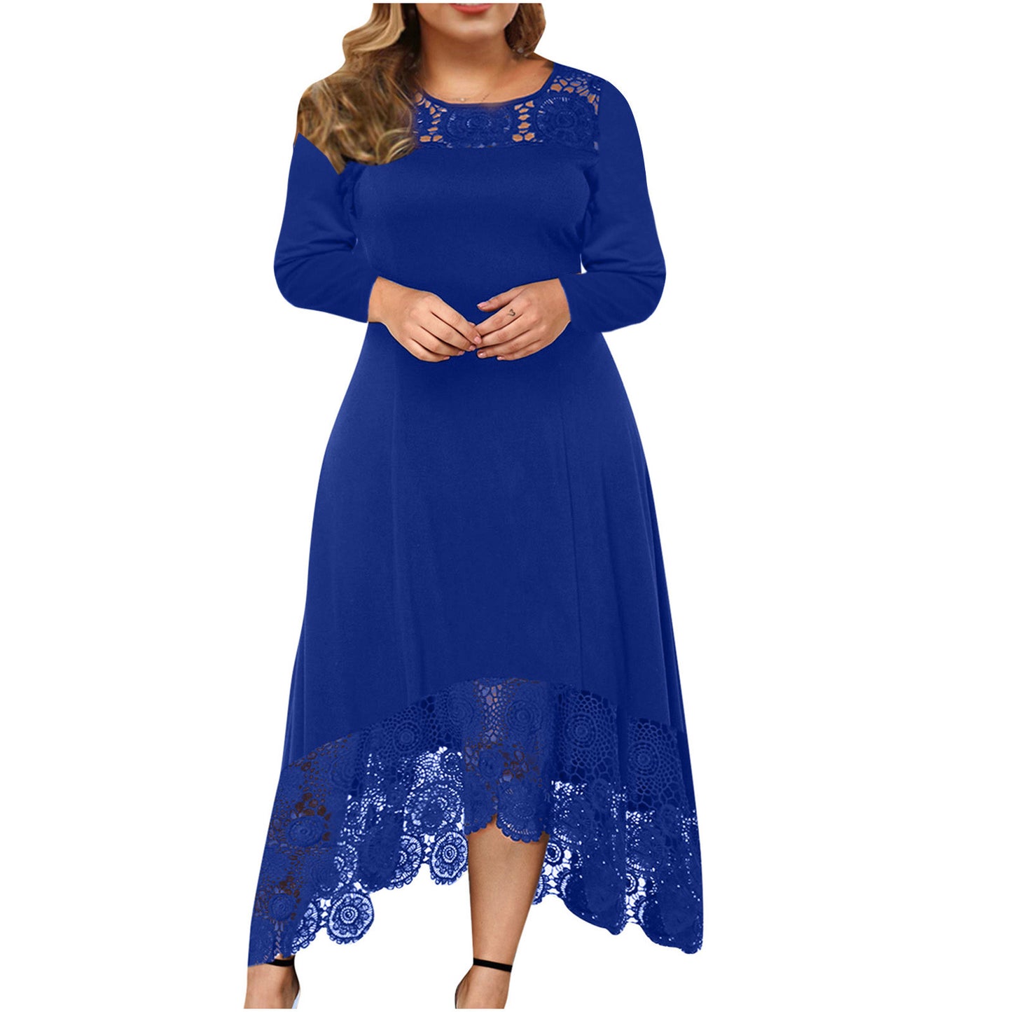 Women's Casual Round Neck Lace Stitching Irregular Hem Long Sleeve Dress