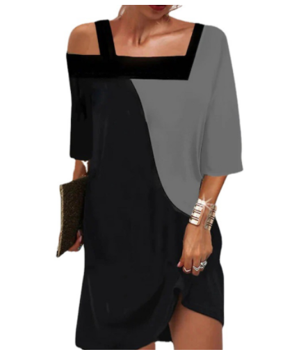 ff-Shoulder Irregular Sling Dress: Loose and Straight with Colorblock Details for Women