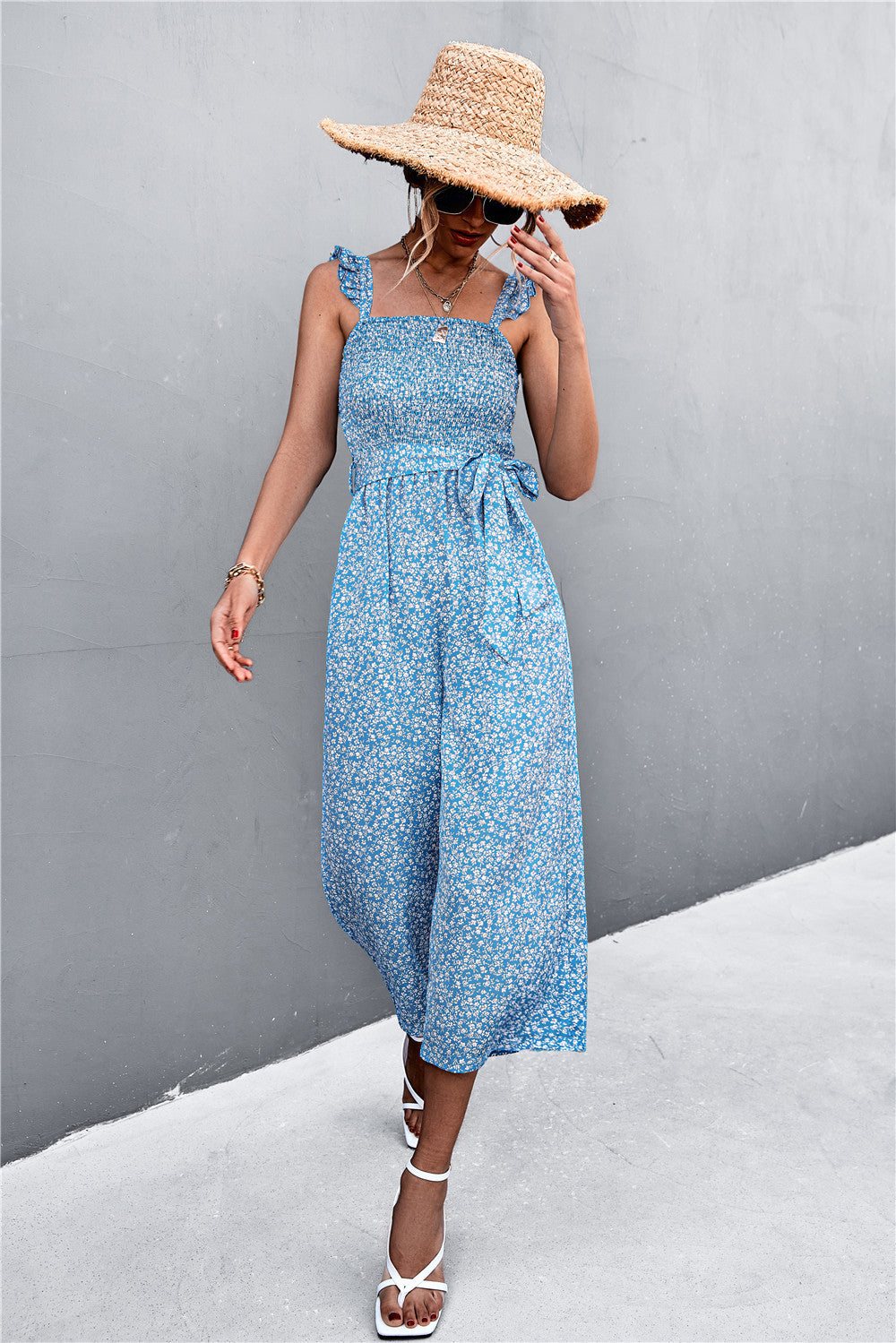 Floral Sleeve Jumpsuit with Flying Sleeves and Belt