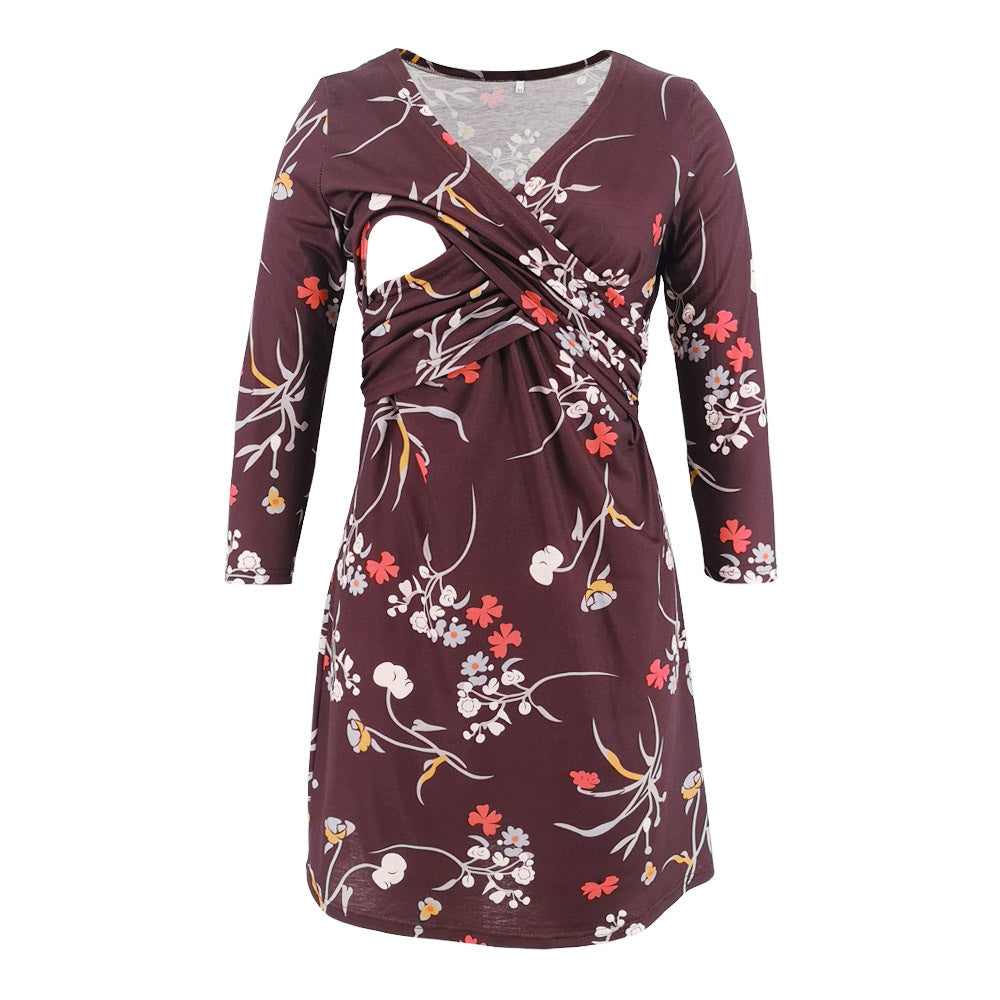 Seven-Point Sleeve Cross Lactation Dress with Multi-Color Printed Deep V-neck