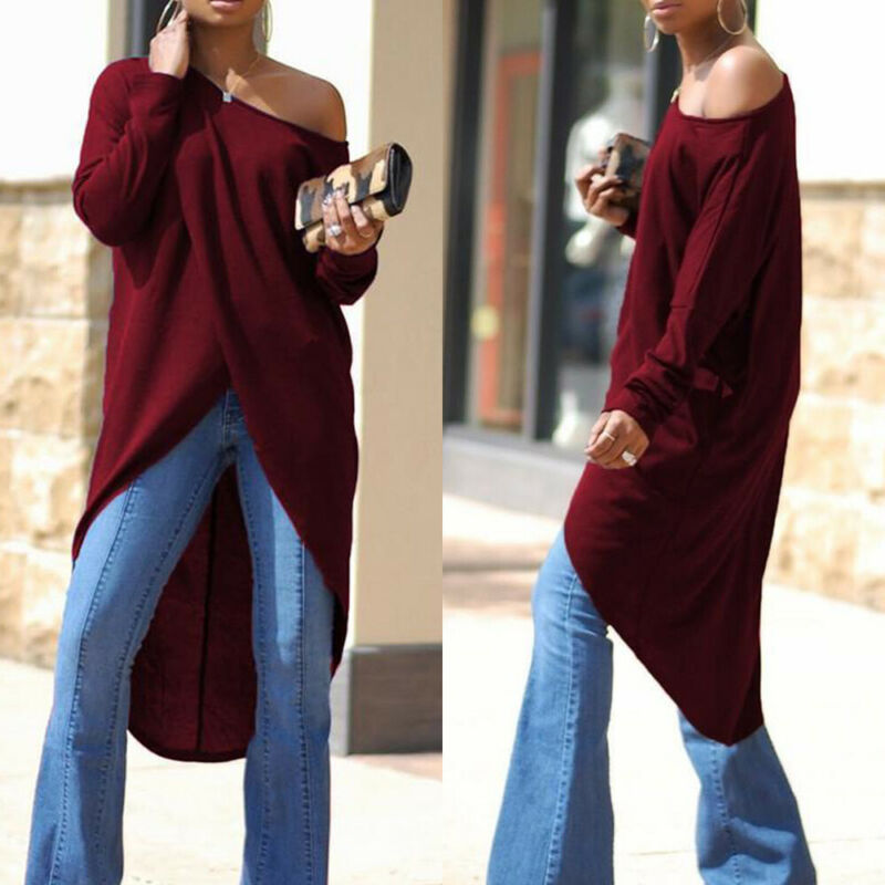 Plus Size Solid Color Irregular Cut Long Tops Tee Shirt