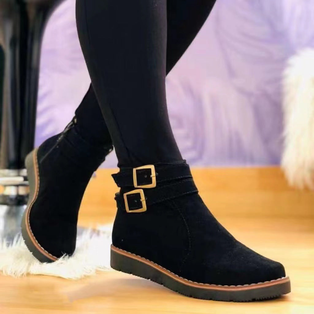 Flat Suede Low Barrel Metal Buckle Plus Size Women's Leather Boots